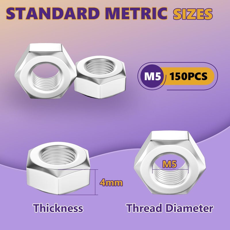 ZerDans M5 Hex Nuts, 150Pcs Metric 304 Stainless Steel Metal M5-0.8mm Hexagonal Nuts Hardware Set for Bolt for Furniture, Automotive, Industry and Construction, Full Thread - Image 5